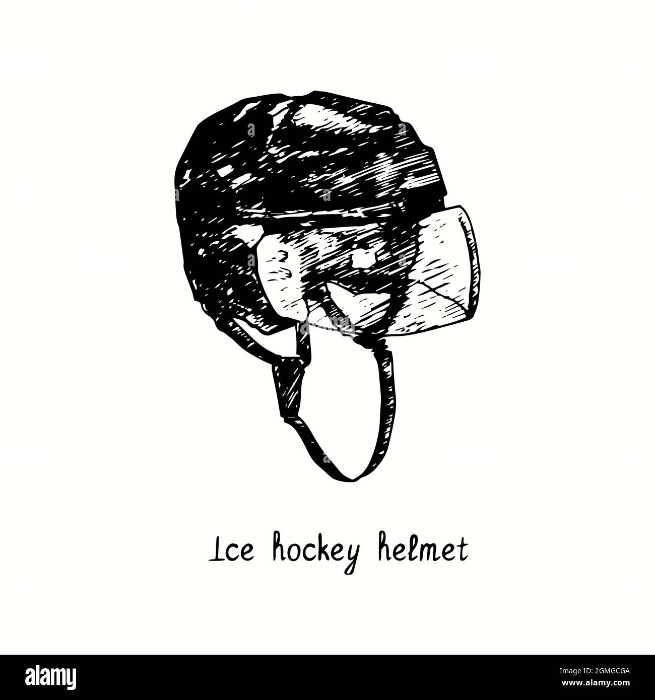 Ice hockey helmet. Ink black and white doodle drawing in woodcut style Stock Photo Alamy