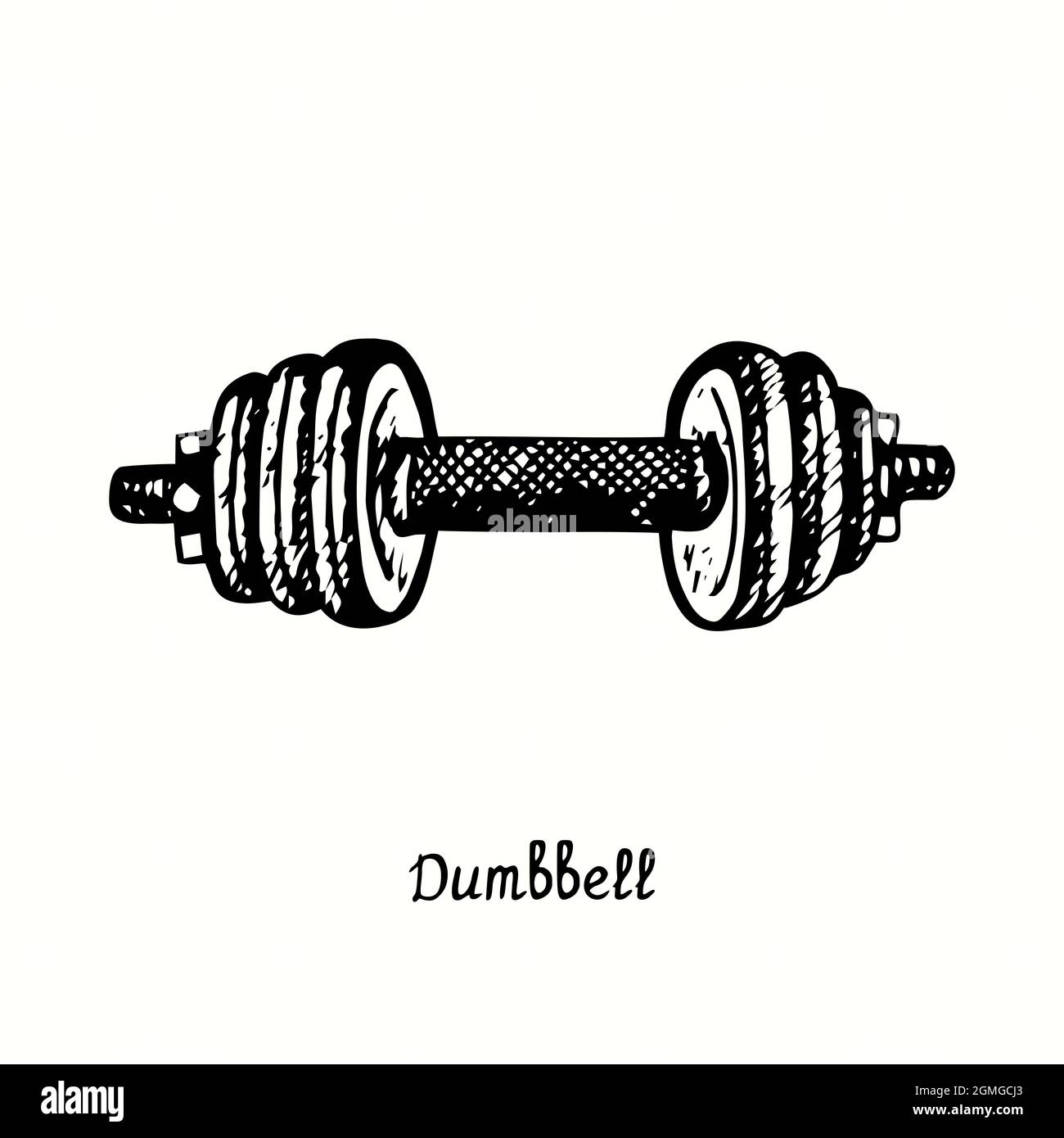 Dumbbell. Ink black and white doodle drawing in woodcut style Stock