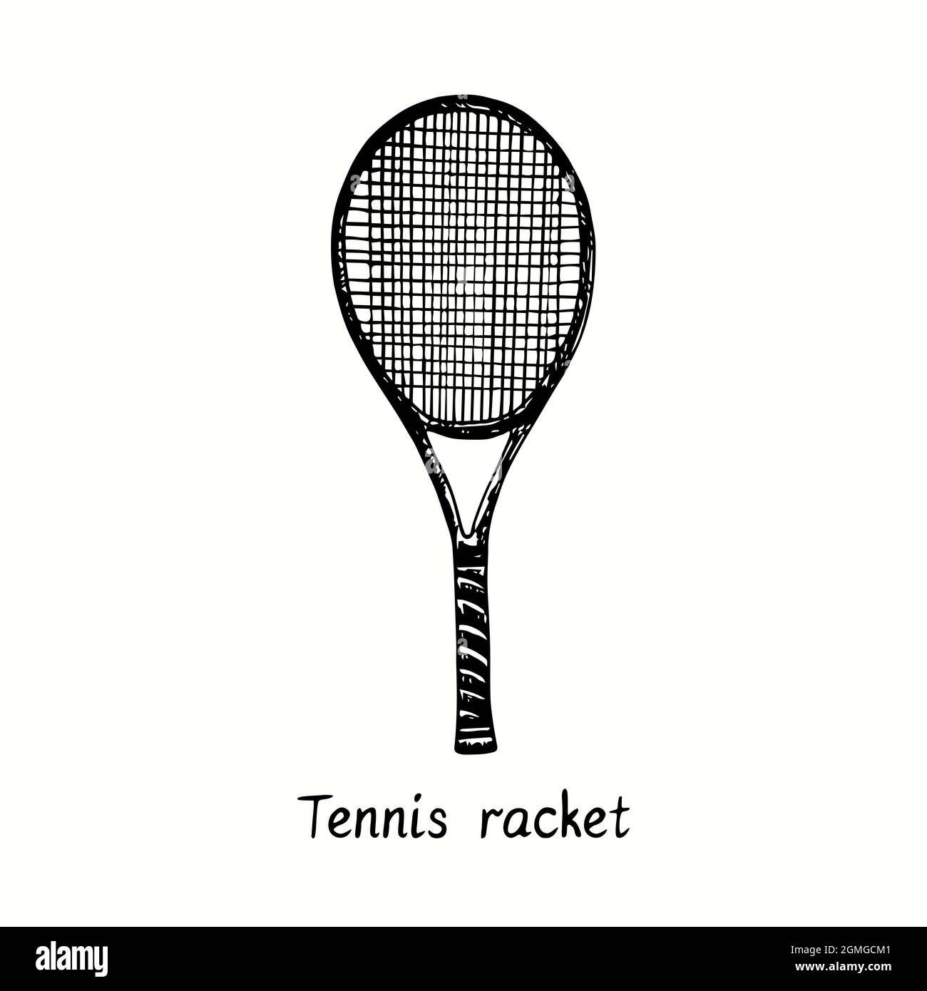 Tennis racket. Ink black and white doodle drawing in woodcut style. Stock Photo
