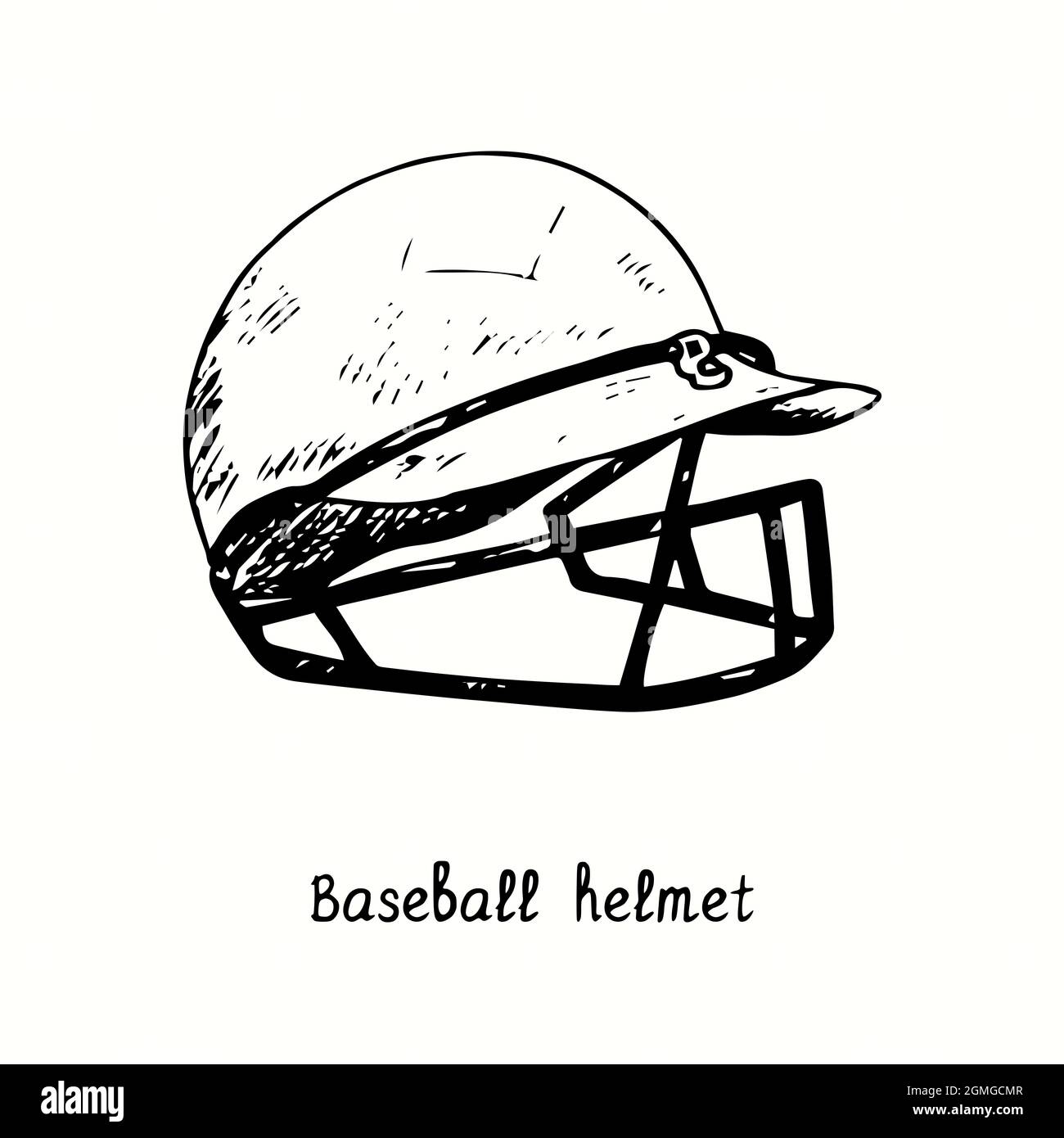 Baseball helmet. Ink black and white doodle drawing in woodcut style
