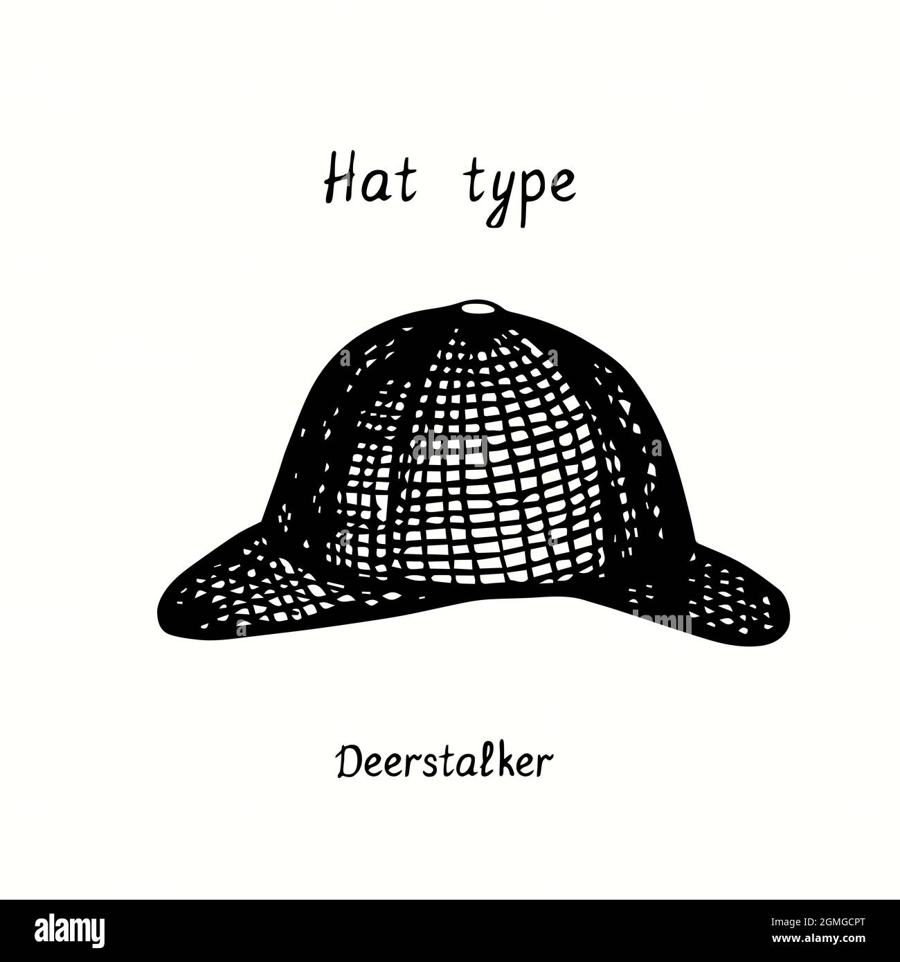 Hat type, Deerstalker. Ink black and white drawing outline illustration Stock Photo