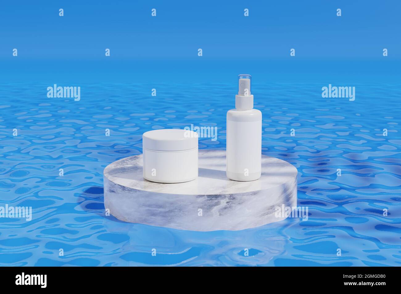 Set of cosmetics on marble podium on water. 3d illustration. Stock Photo