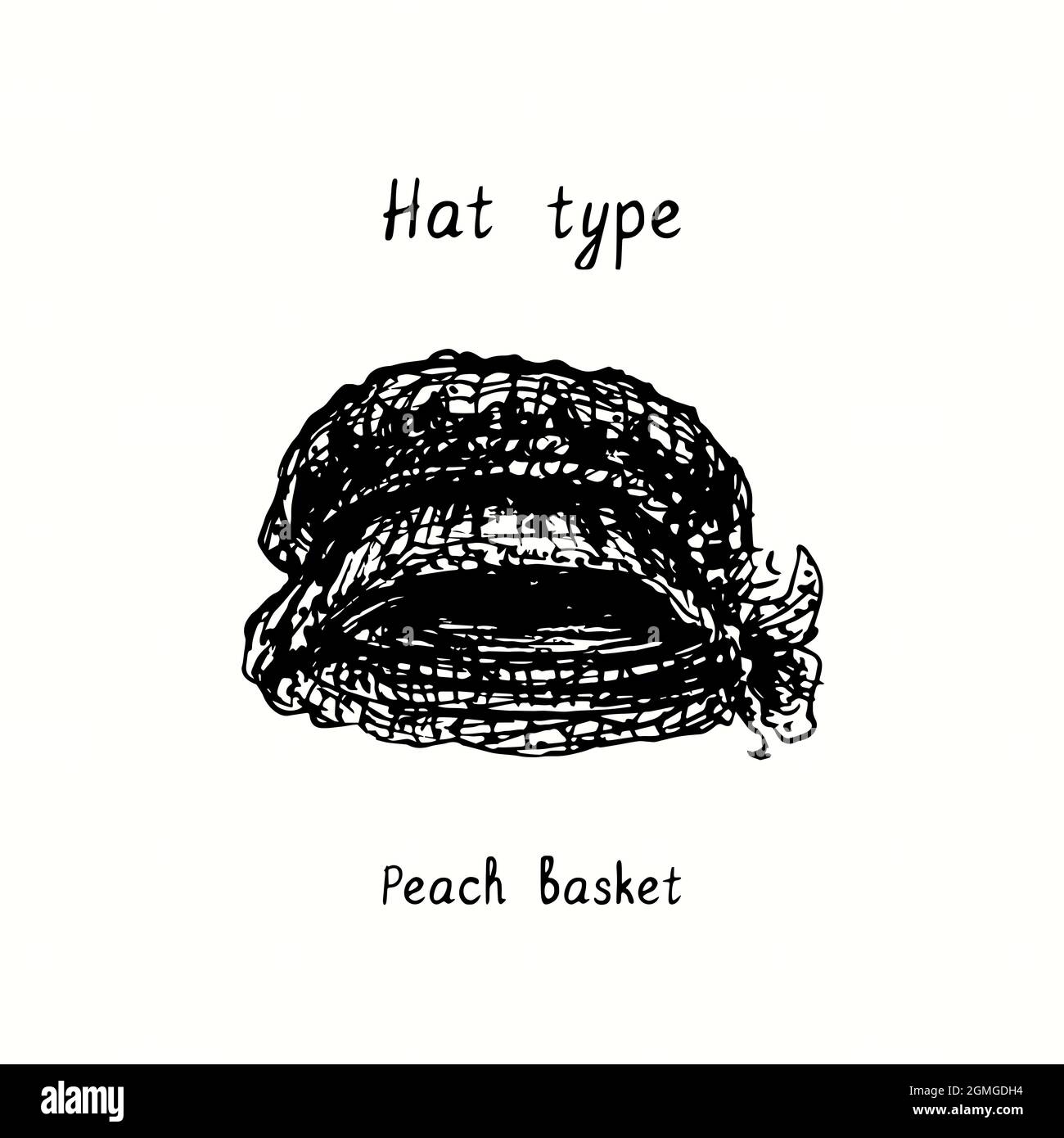 Hat type, Peach basket. Ink black and white drawing illustration Stock