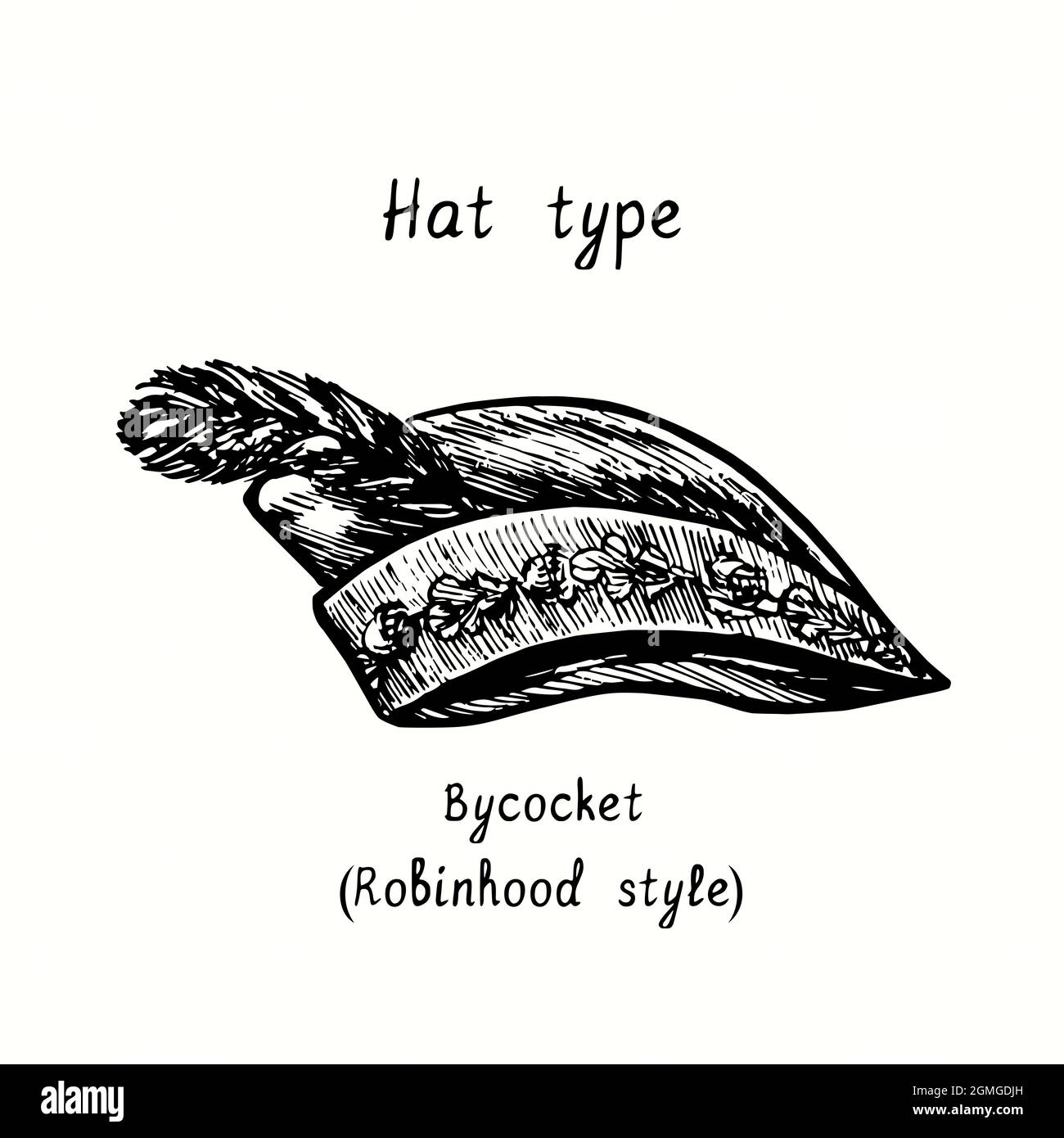 Hat type, Bycocket (Robin Hood style). Ink black and white drawing  illustration Stock Photo
