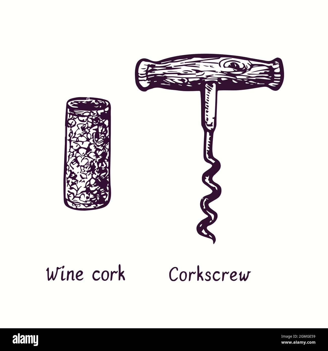 Wine cork and corkscrew collection. Ink black and white doodle drawing