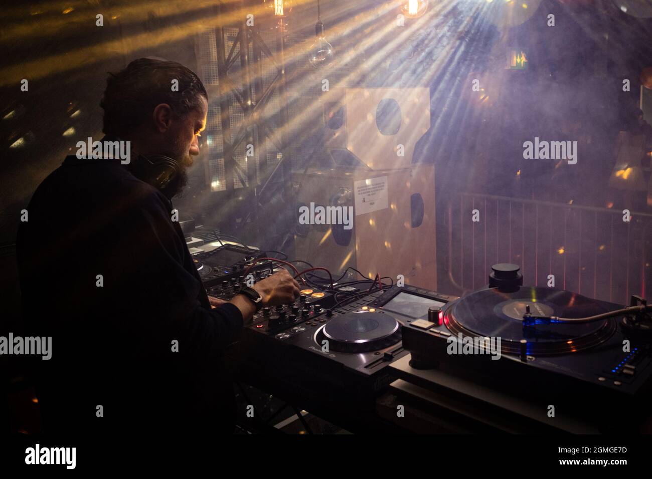 Manchester, UK. 18th Sep, 2021. Krysko warms up the decks at Repercussion Festival.ÊThe new day and night event sees the further regeneration of Mayfield that is host to over five stages, including the legendary Star & Garter pub. Credit: Andy Barton/Alamy Live News Stock Photo