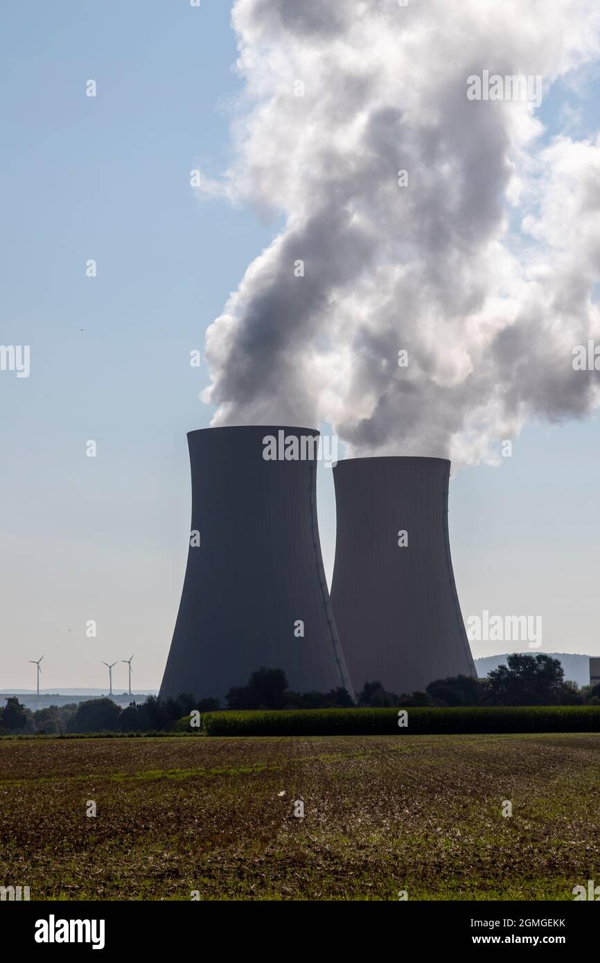 Emmerthal, Lower Saxony, Germany, 09 05 2021, Grohnde nuclear power plant and the cooling towers Stock Photo