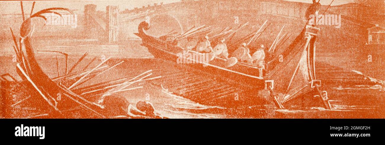 This 1910 illustration shows Roman ships from a wall painting uncovered in Pompeii. Stock Photo