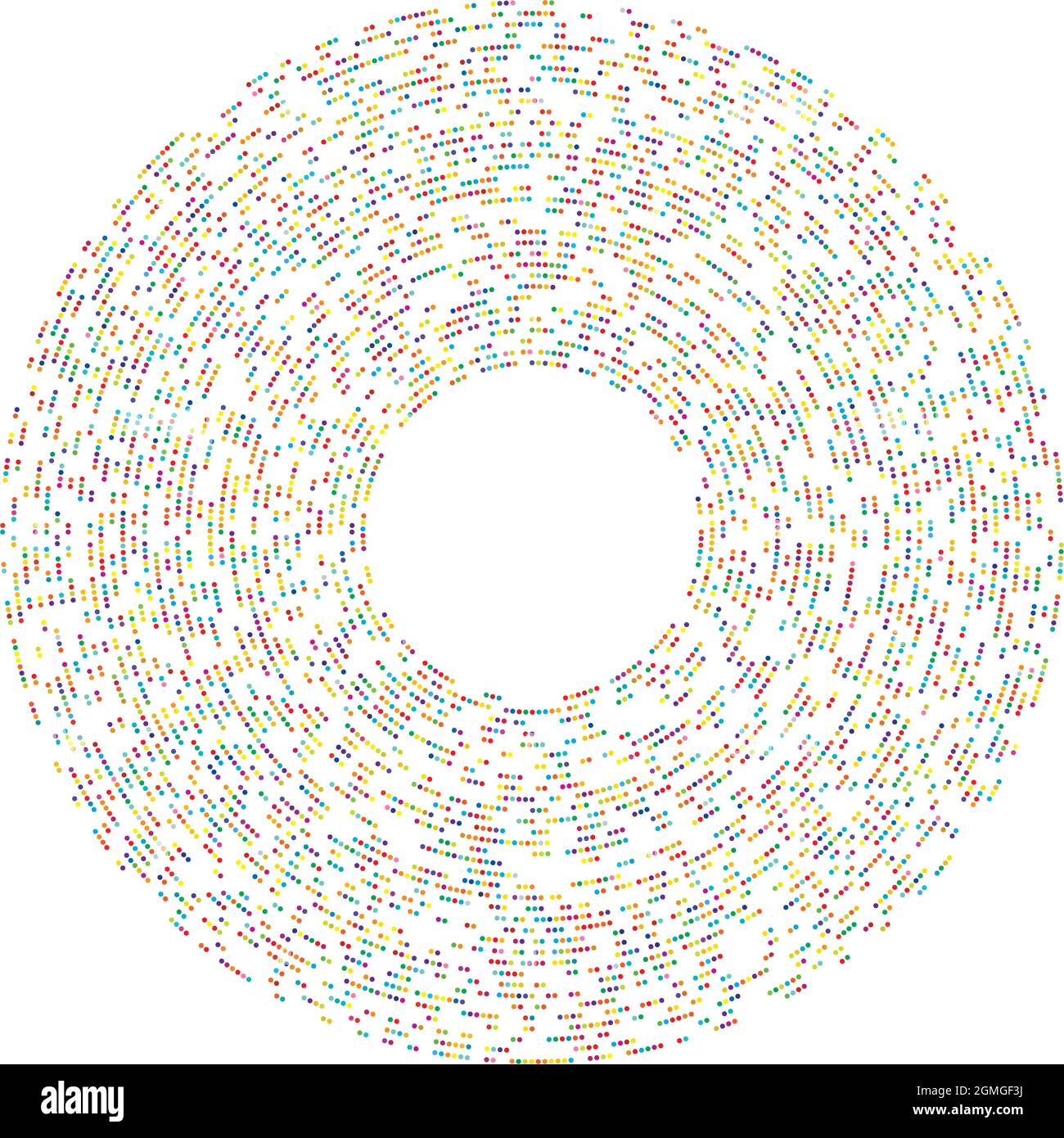 Colorful, colored random circles, dots, speckles and freckles concentric, circular and radial element. Pointillist, pointillism random polychrome half Stock Vector