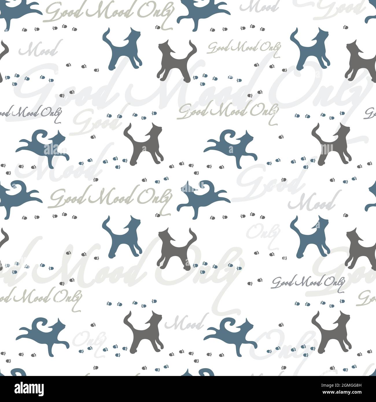 Inscriptions Good Mood Only and funny cats seamless pattern Stock Vector