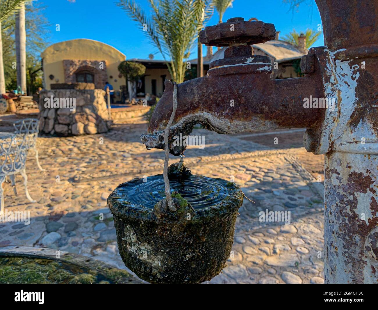 Old steel manual pump to extract water from a well on a steel container  filled with dripping water in the garden of the Hacienda del Labrador in  the town of Ures, Sonora,
