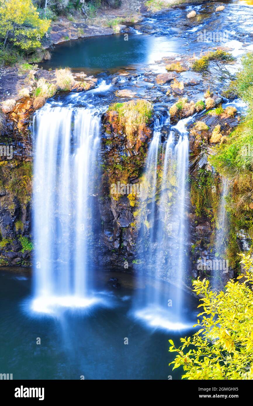 Scenic waterfall cascade of Dangar Falls in Dorrigo national park of Australia - from elevation of viewing platform at sunrise. Stock Photo