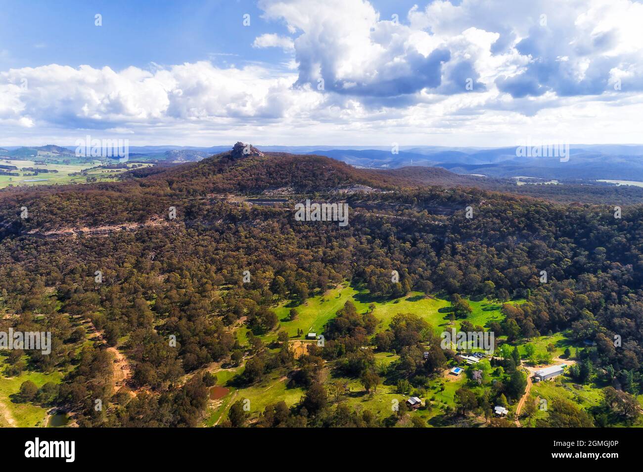 Pearsons lookout on Castlereagh highway in Capertee valley of NSW, Australia - scenic aerial landscape. Stock Photo
