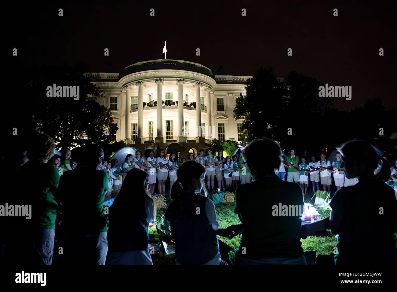 June 30, 2015'Girl Scouts participate in the White House Campout, part of the 'Let's Move! Outside' initiative on the South Lawn of the White House.' (Official White House Photo by Amanda Lucidon) This official White House photograph is being made available only for publication by news organizations and/or for personal use printing by the subject(s) of the photograph. The photograph may not be manipulated in any way and may not be used in commercial or political materials, advertisements, emails, products, promotions that in any way suggests approval or endorsement of the President, the First Stock Photo