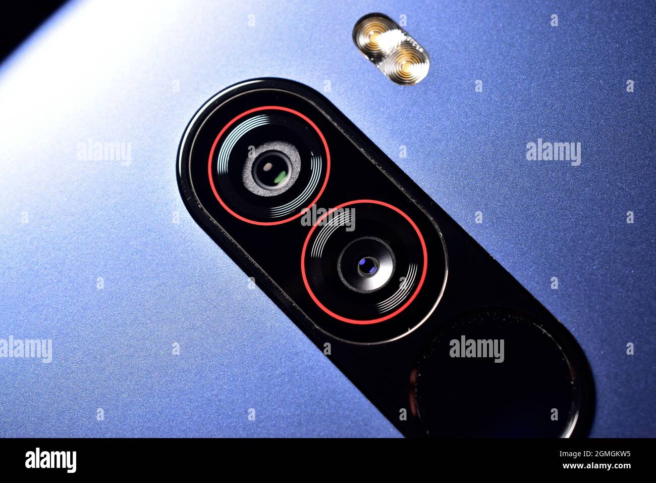 Smartphone camera, dual lens camera with flash and fingerprint scanner Stock Photo