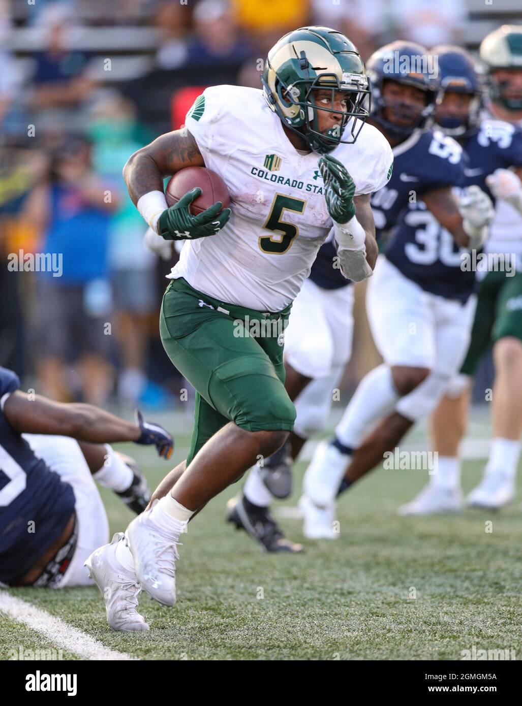 Toledo, OH, USA. 18th Sep, 2021. Colorado State RB David Bailey #5 runs with the ball during the NCAA football game between the Toledo Rockets and the Colorado State rams at the Glass Bowl in Toledo, OH. Kyle Okita/CSM/Alamy Live News Stock Photo