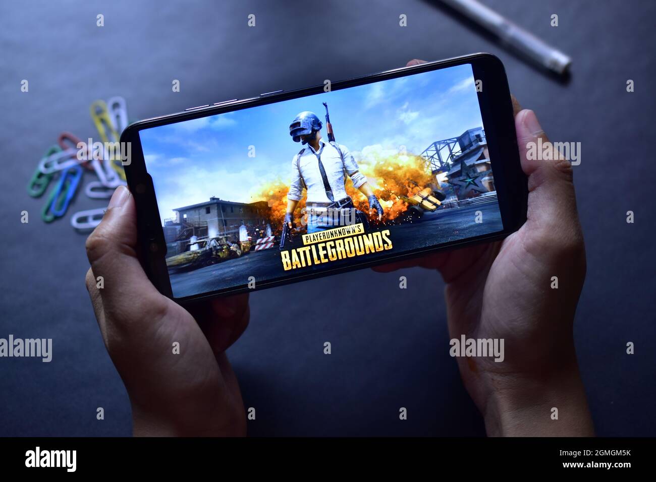 INDIA, DELHI - October 19, 2019: pubg game on Android smartphone, playing pubg on mobile phone, smartphone gaming concept Stock Photo