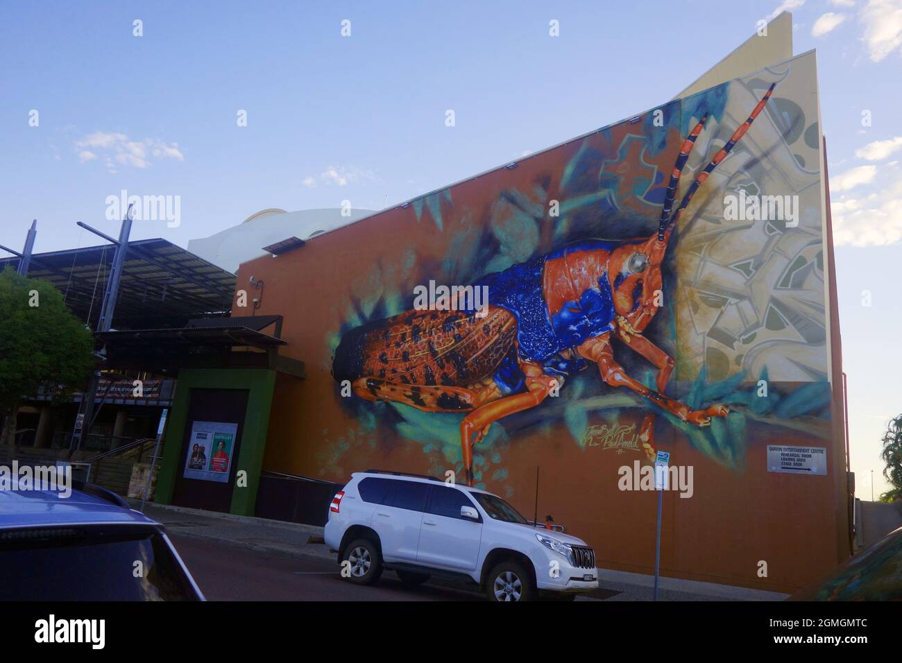 Spectacular mural of Leichhardt's grasshopper (by Paul Arnold and Jesse Belle) on Darwin Entertainment Centre wall, Darwin, Northern Territory, Austra Stock Photo