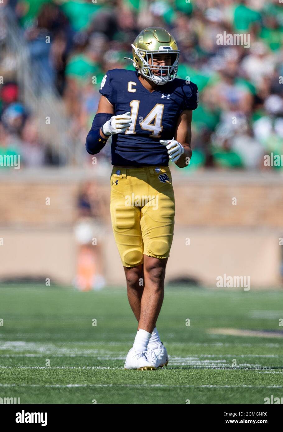 South Bend, Indiana, USA. 18th Sep, 2021. Notre Dame safety Kyle Hamilton (14) during NCAA