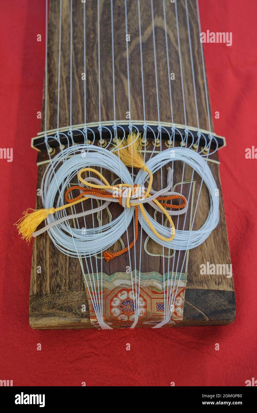 Detail of  the Ryubi on a string instrument called Koto, a japanese chordophone. Stock Photo