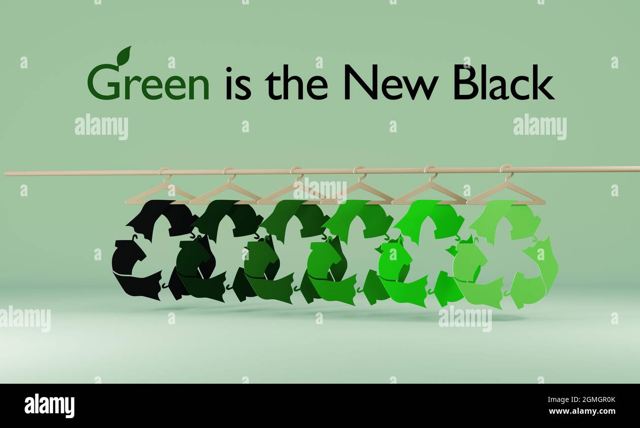 Green is the new black text, recycle clothes icons on hangers, sustainable fashion to reduce waste concept. 3D illustration Stock Photo
