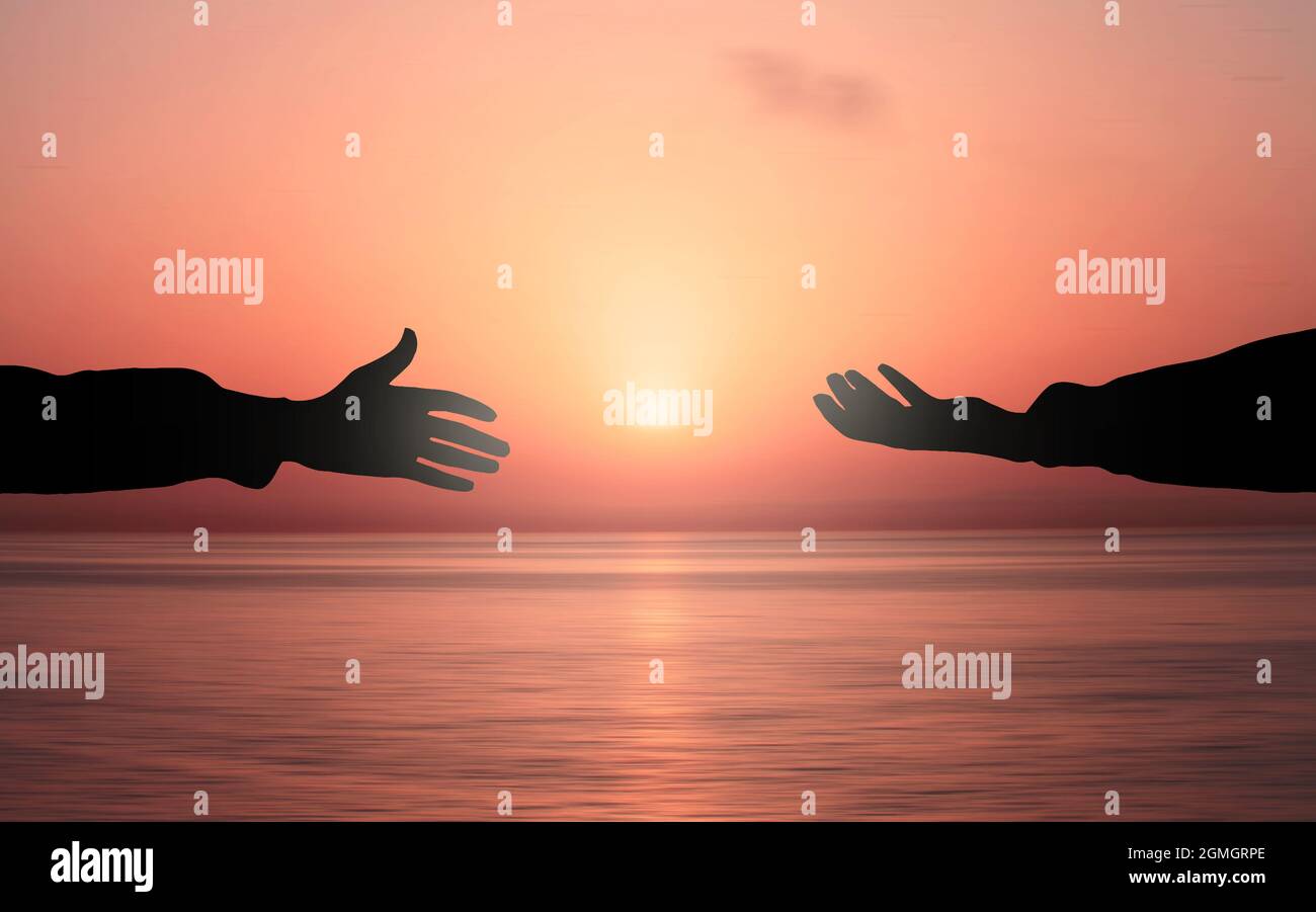 Human hand Asking help Concept Get Hired Concept. hands helping each other Against Sunrise sea background. People helping, God salvation and Peace con Stock Photo