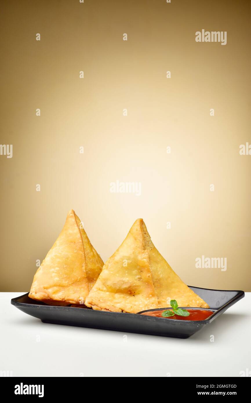 Samosa with Ketchup in Plate Stock Photo