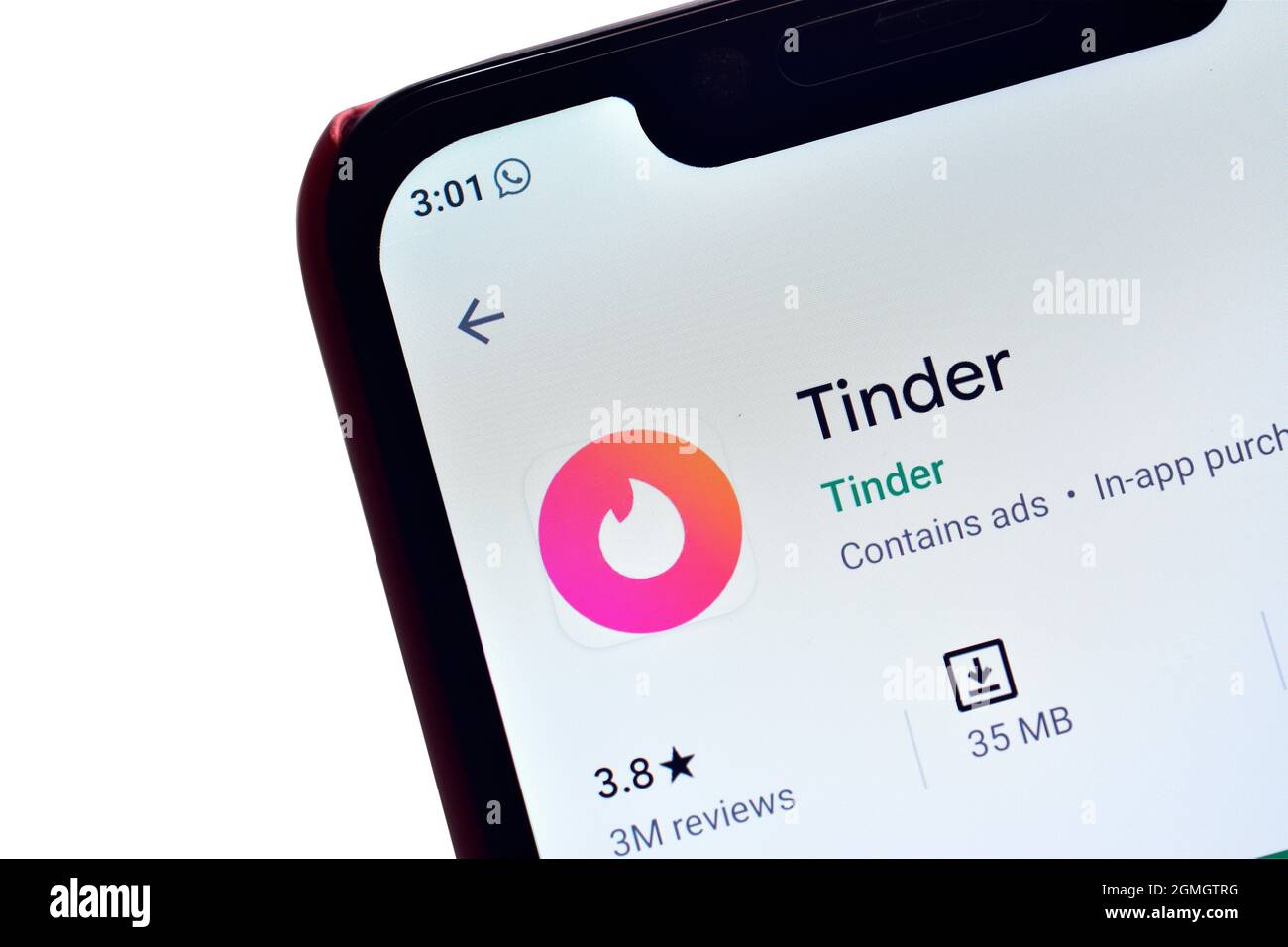 New Delhi, India - 24 November, 2019:  tinder app on Android smartphone, famous dating application tinder on Android play store Stock Photo