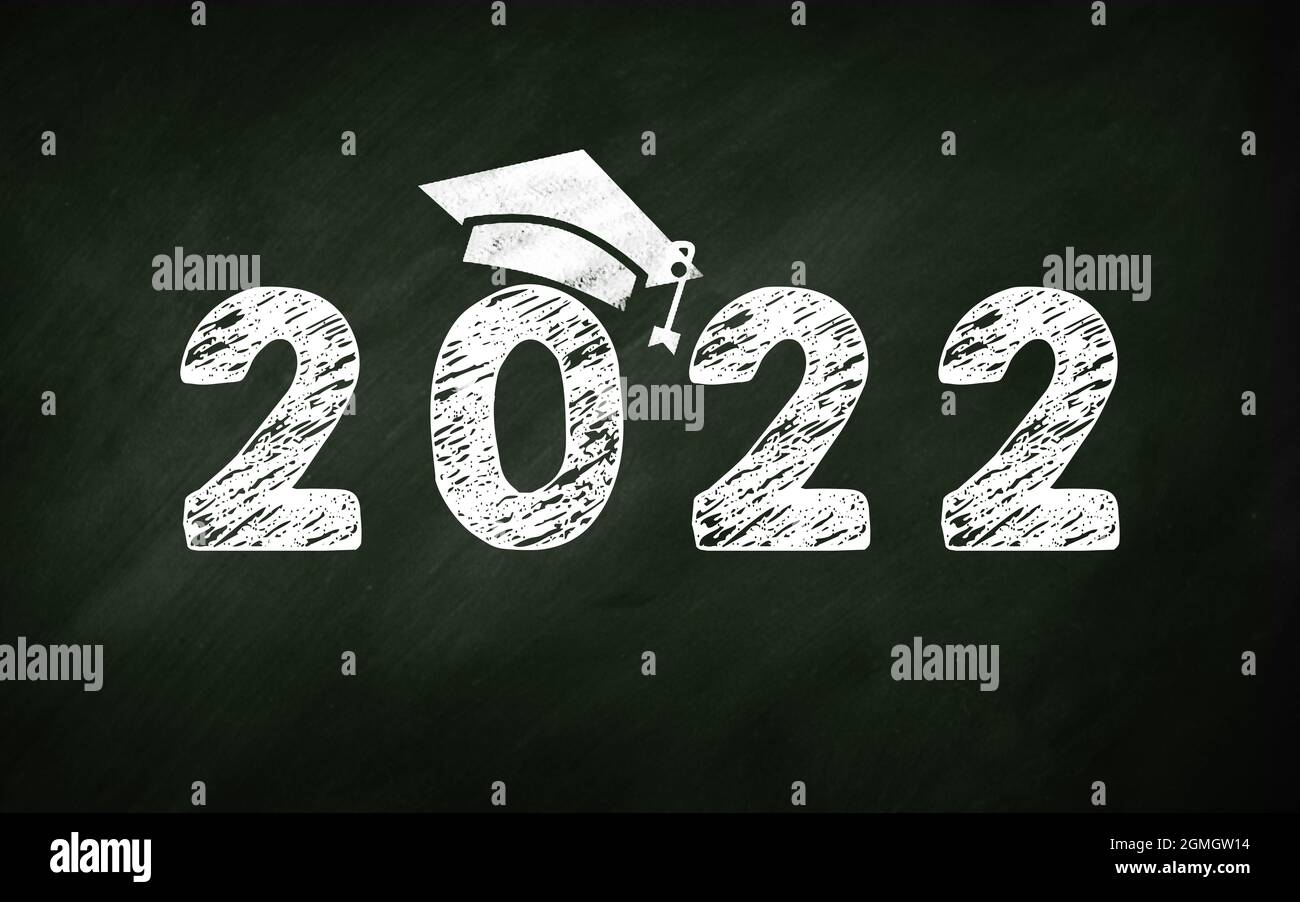 2022 Graduation Concept With High School Student Hat Icon On Green Chalkboard. 2022 Students Graduations and Celebration Creative Concept Stock Photo