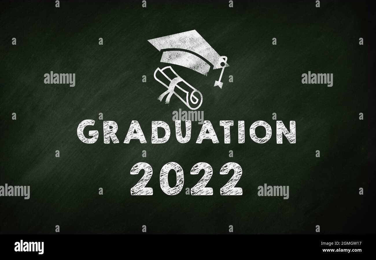 Graduation 2022 Concept With High School Student Hat Symbol On Green Chalkboard. Twenty Two New Graduations and Celebration Concept Stock Photo