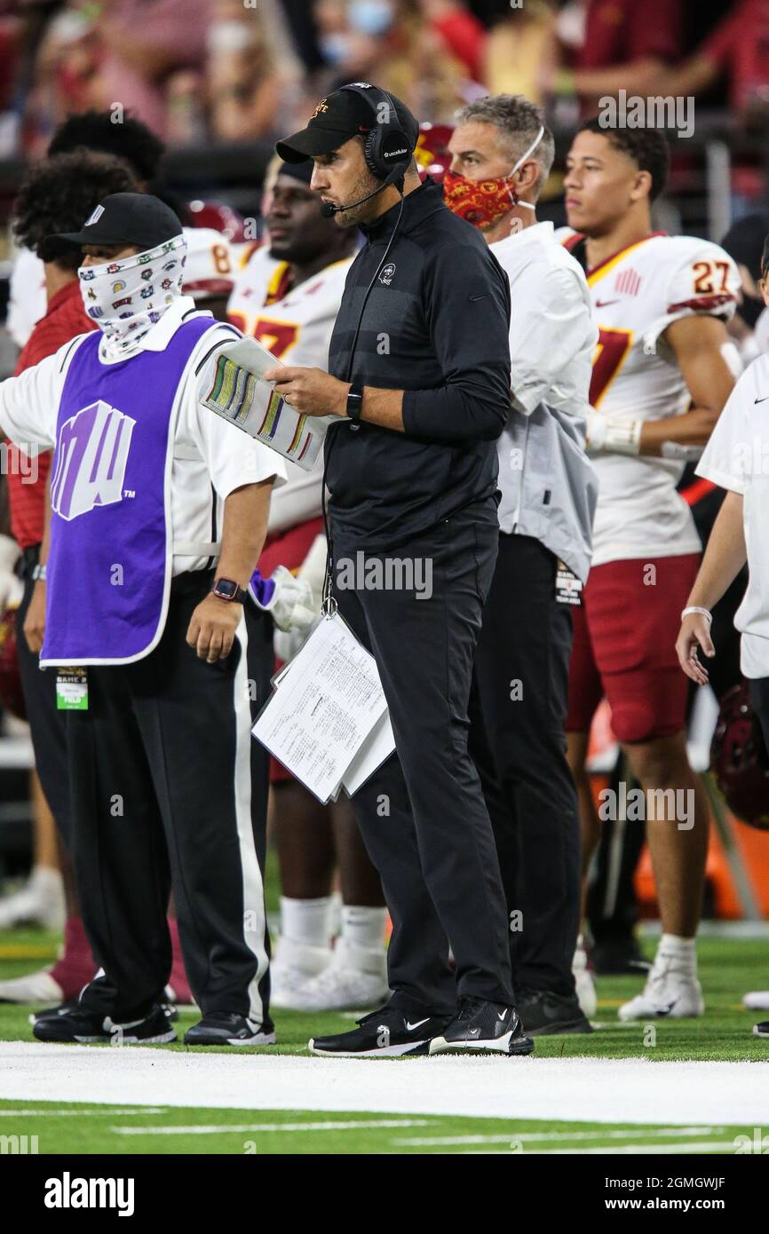 September 18, 2021: Iowa State Cyclones head coach Matt Campbell looks over  the play sheet during the NCAA football game featuring the Iowa State  Cyclones and the UNLV Rebels at Allegiant Stadium