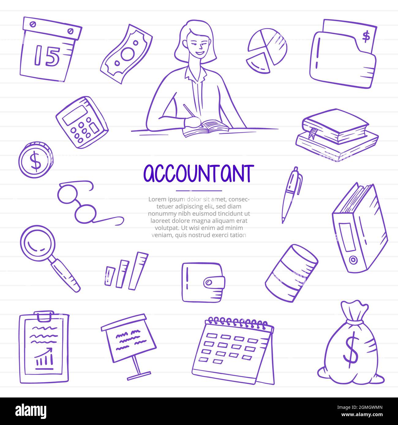 accountant job or jobs profession doodle hand drawn with outline style