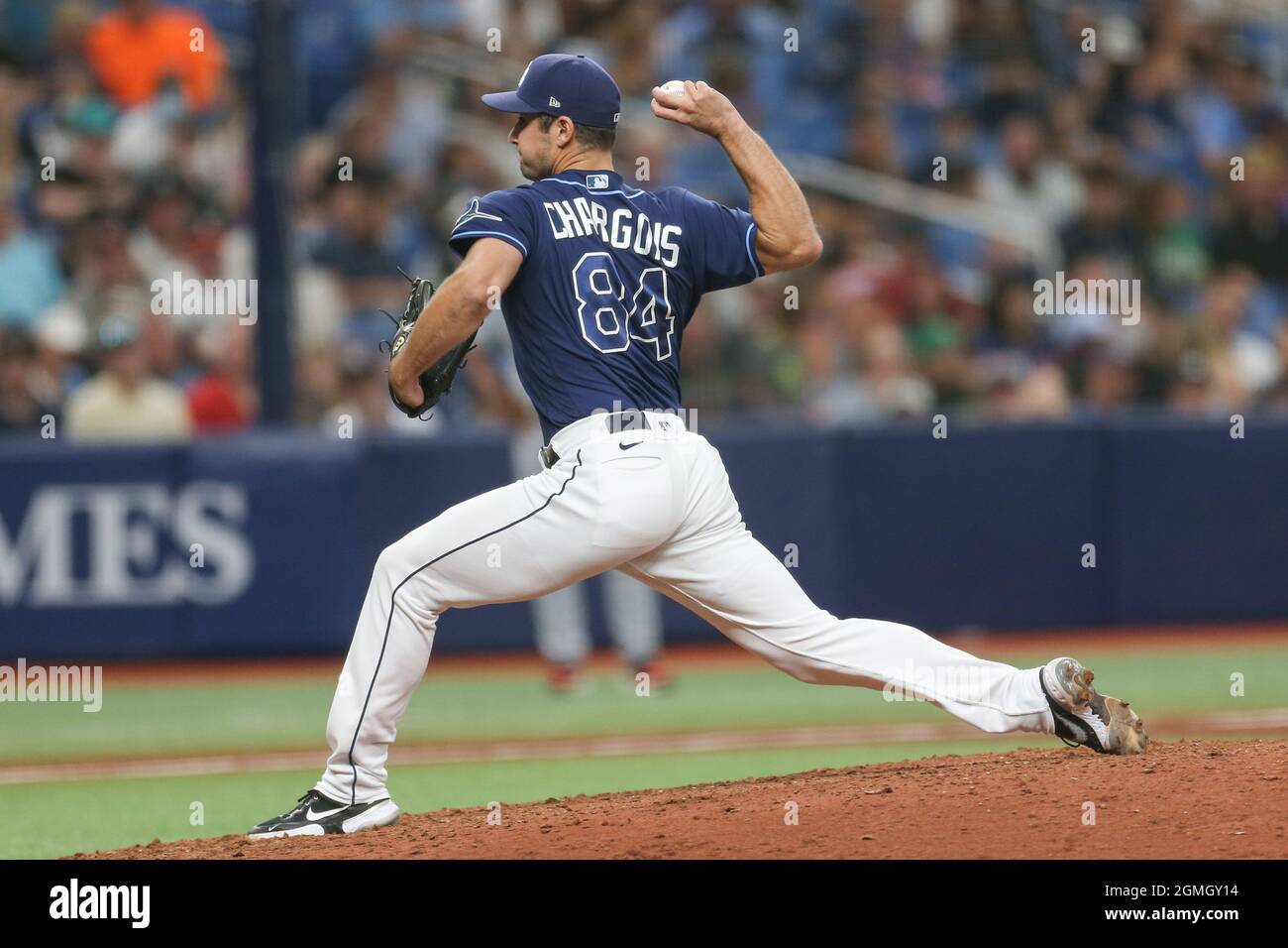 St. Petersburg, FL. USA;  Tampa Bay Rays relief pitcher JT Chargois (84) delivers a pitch in the top of the eighth during a major league baseball game Stock Photo