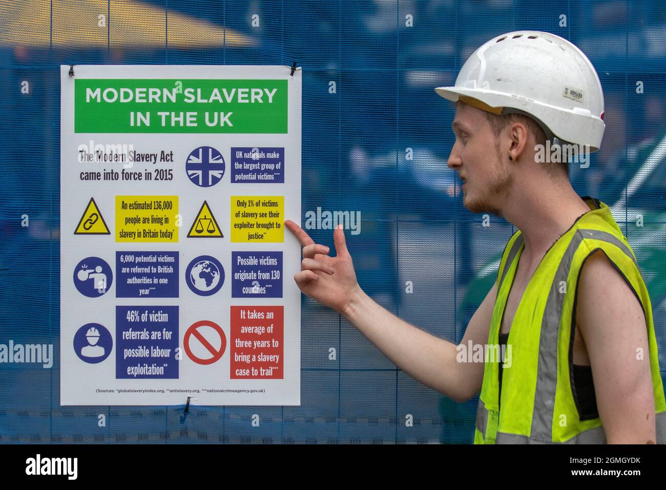 Modern Slavery Act, Forced labour PPE type signs on building site fencing, Justice in Motion, Lancashire Encounter anti-slavery performance Parkour acrobats wearing hi-vis jackets or gilets in Preston, UK Stock Photo