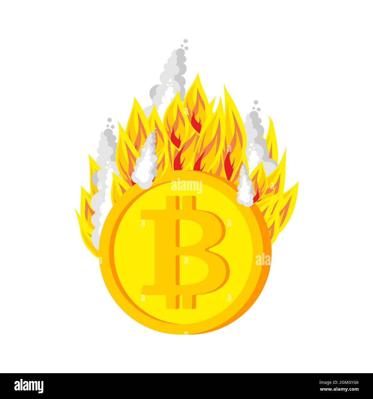 Bitcoin burning coins. Burning tokens. Cryptocurrency on fire. Stock Vector
