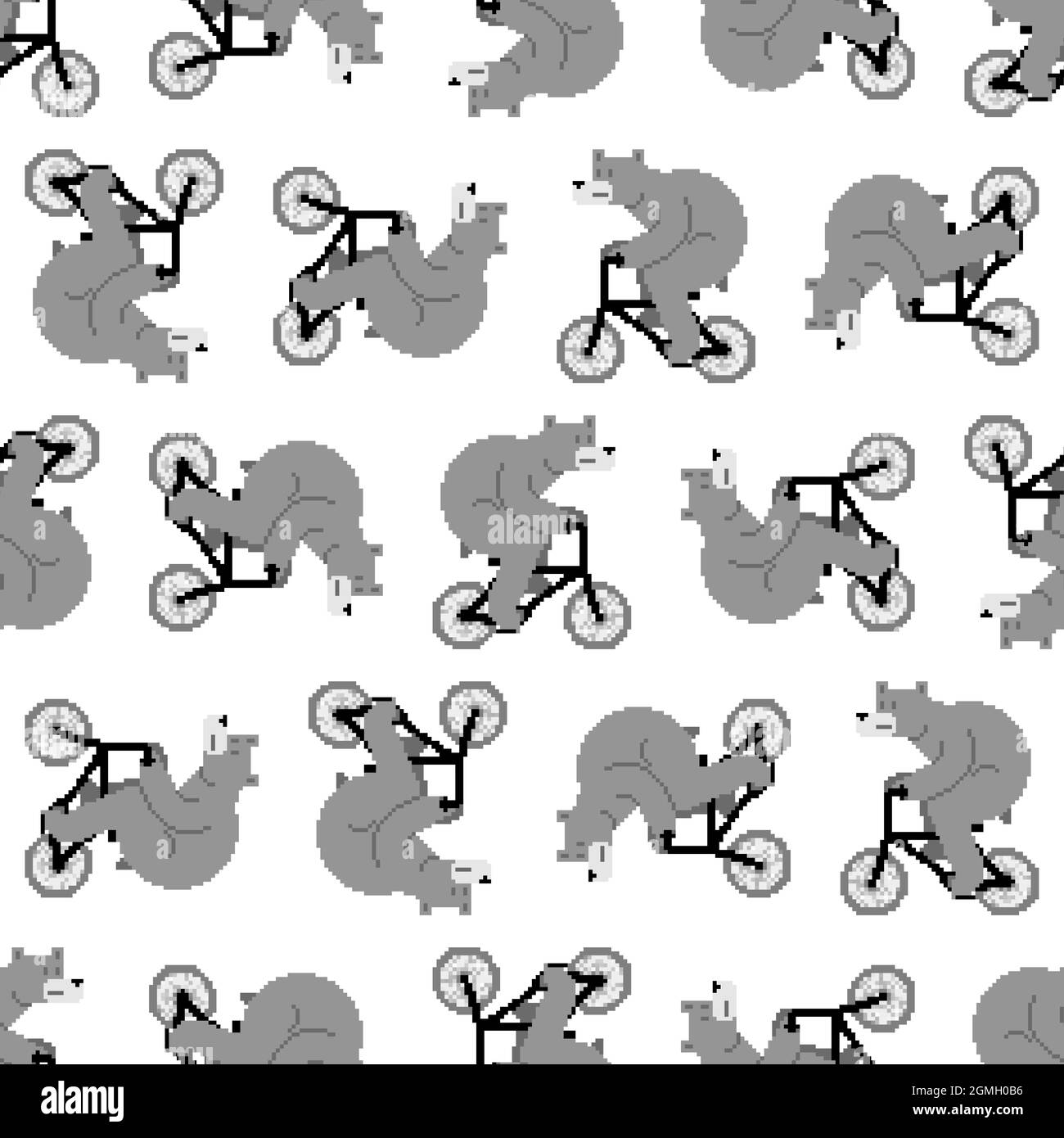Bear on bicycle pixel art pattern seamless. pixelated Beast is riding bicycle background. 8 bit Cartoon childrens texture. Baby fabric texture Stock Vector