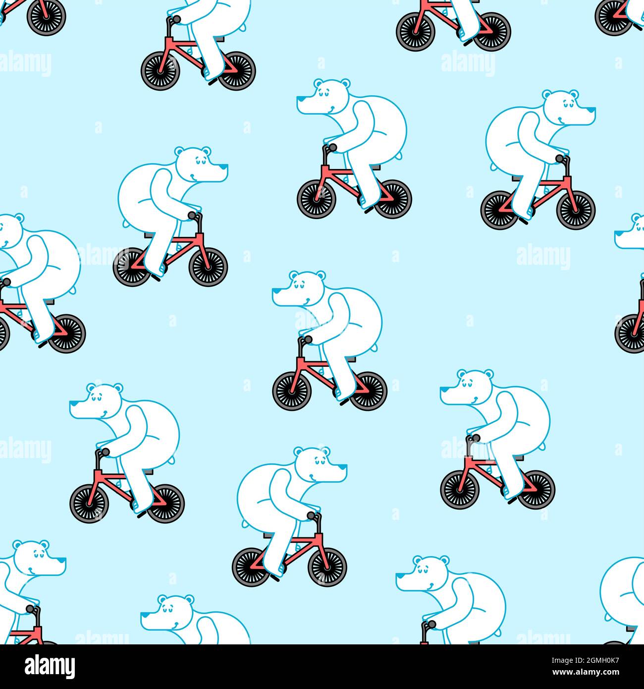 Polar bear on bicycle pattern seamless. Beast is riding bicycle background. Cartoon childrens texture. Baby fabric ornament Stock Vector