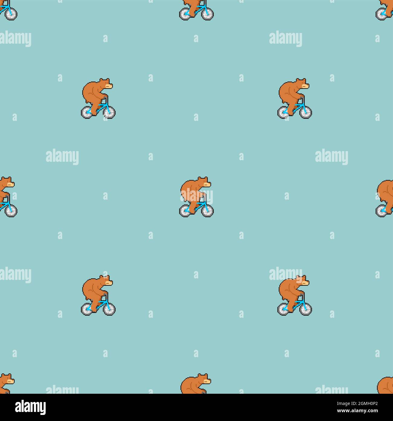 Bear on bicycle pixel art pattern seamless. pixelated Beast is riding bicycle background. 8 bit Cartoon childrens texture. Baby fabric texture Stock Vector