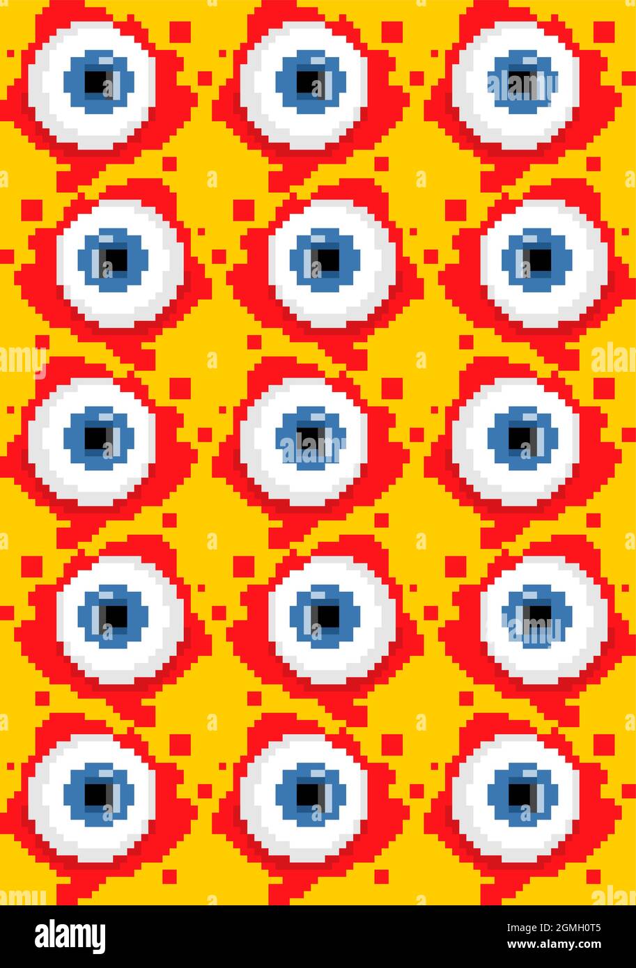 Eyeball pixel art pattern seamless. 8 bit Eye and blood background. pixelated Halloween vector texture Stock Vector