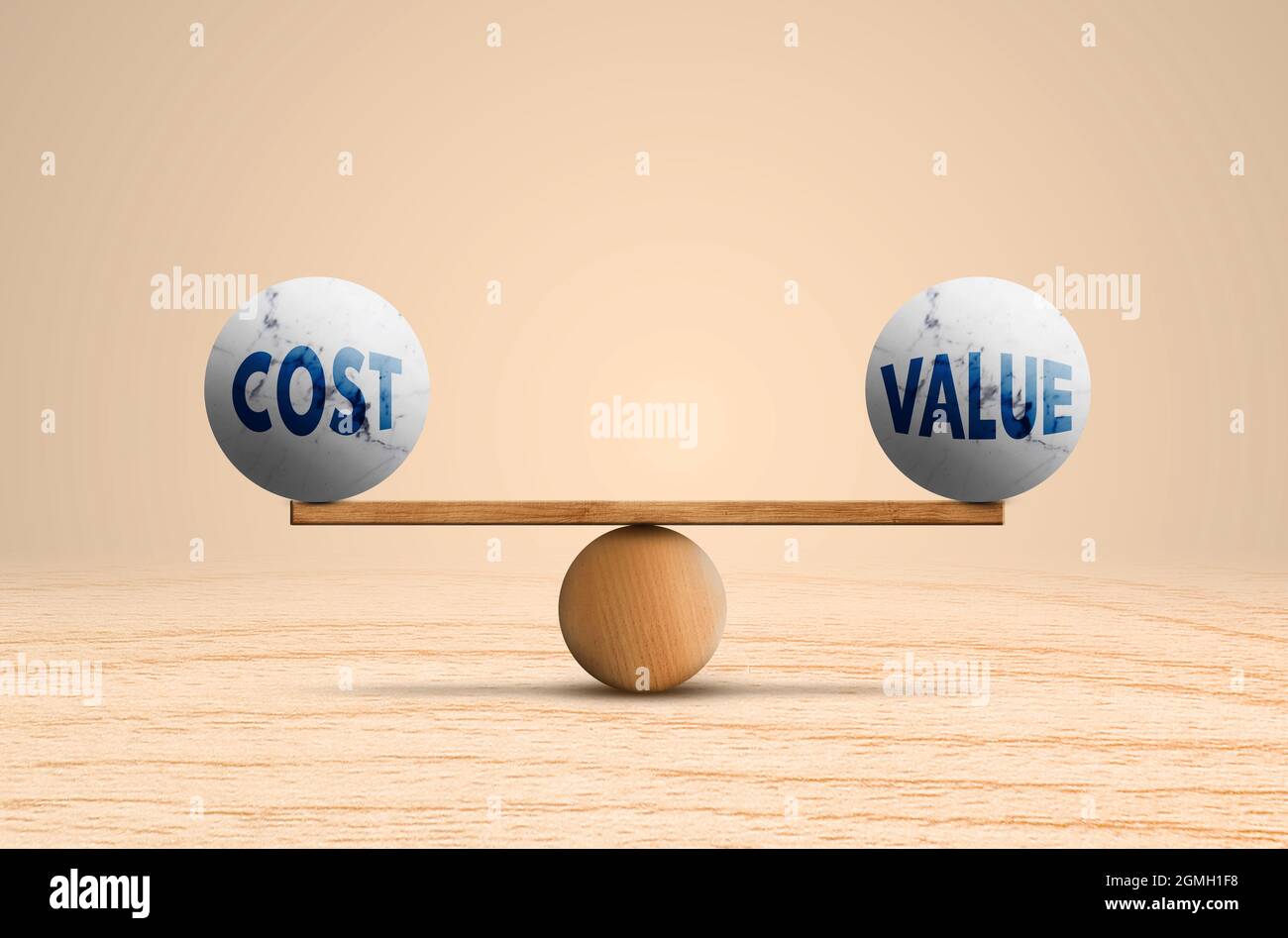 Cost and Value On Ideal balance in Wooden scale on wood floor and brown background. Cost Value Equal Equilibrium Stock Photo