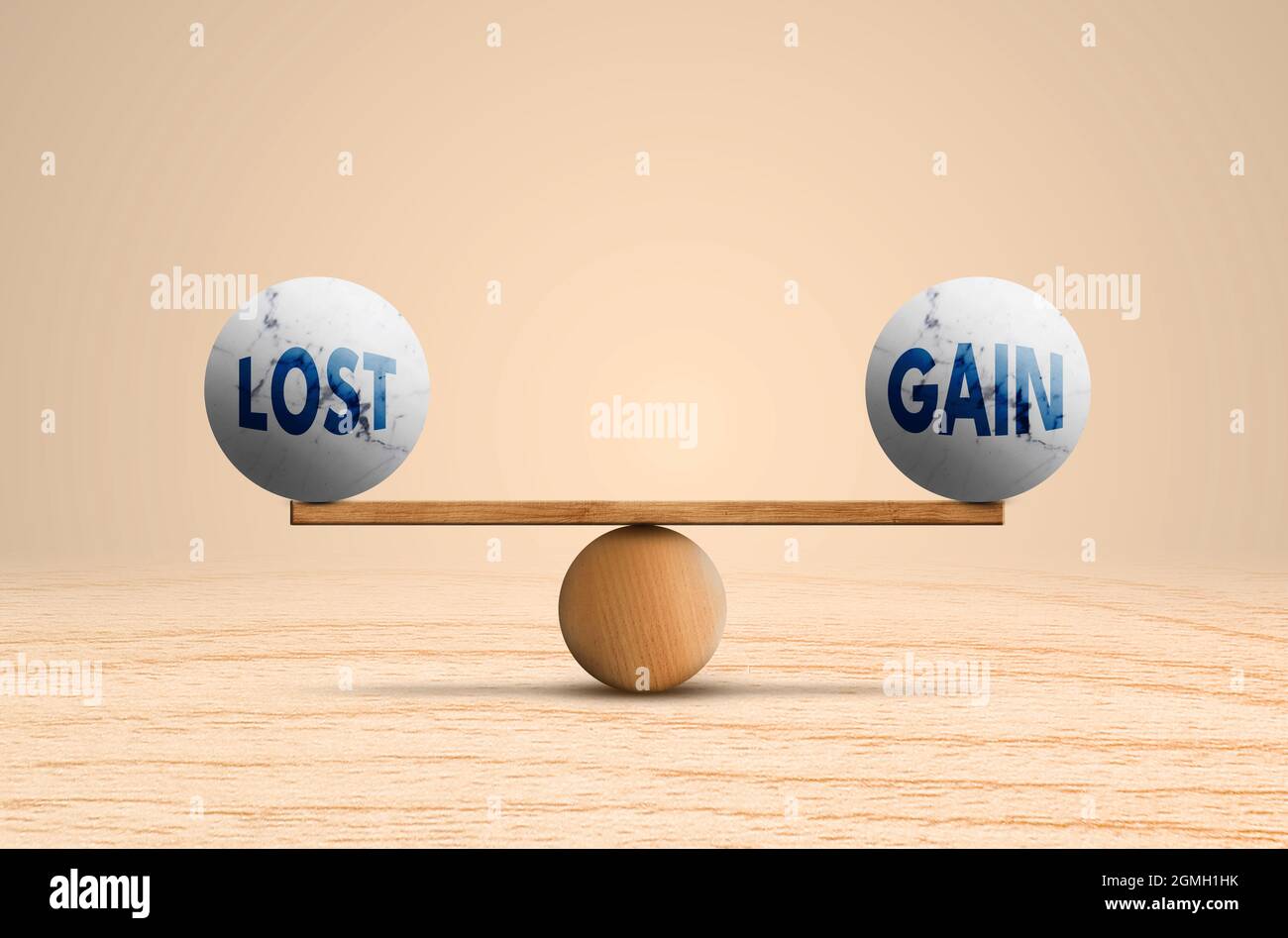 Lost and Gain On Ideal balance in Wooden scale on wood floor and brown background. Gain lost Equilibrium. Profits and costs concept Idea Stock Photo