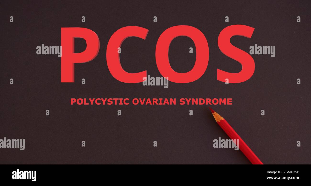 PCOS - Polycystic ovary syndrome, woman lettering on black background. Stock Photo