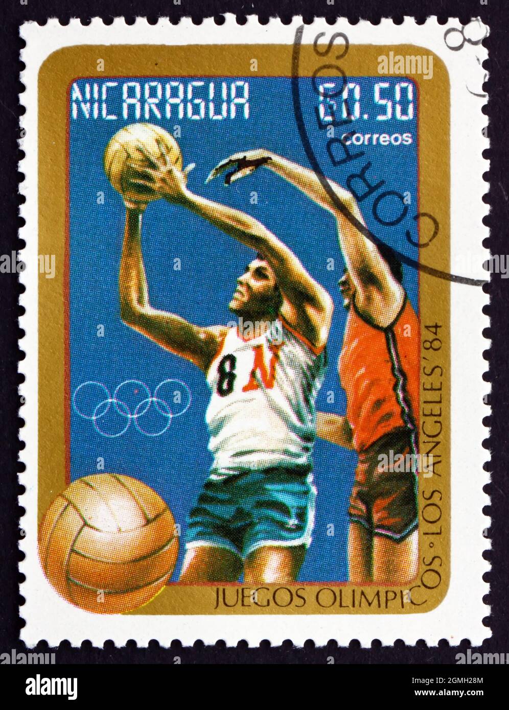 NICARAGUA - CIRCA 1984: a stamp printed in Nicaragua shows Basketball, 1984 Summer Olympics, Los Angeles, USA, circa 1984 Stock Photo
