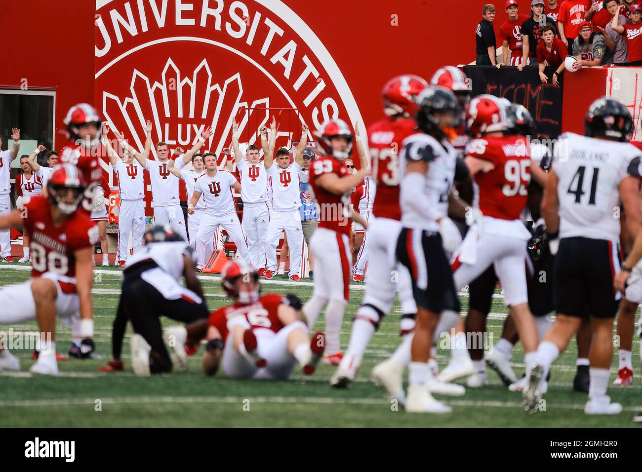 Bloomington, United States. 18th Sep, 2021. Indiana University cheerleaders celebrate Charles Campbell's 48 yard field goal against University of Cincinnati during an NCAA football game at Memorial Stadium. IU lost to Cincinnati 38-24. Credit: SOPA Images Limited/Alamy Live News Stock Photo