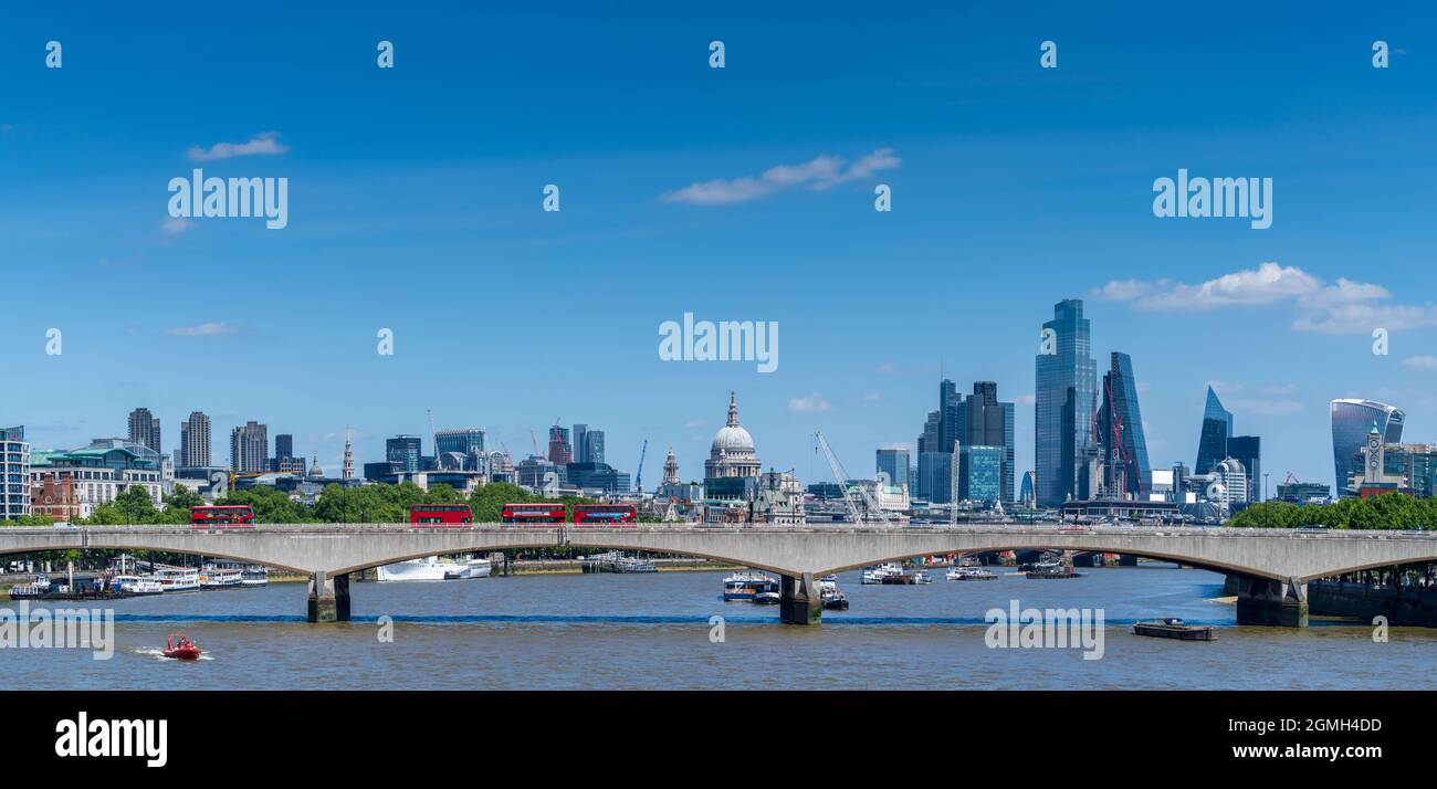 London panorama with Landmarks and Waterloo Bridge over the River Thames. Stock Photo