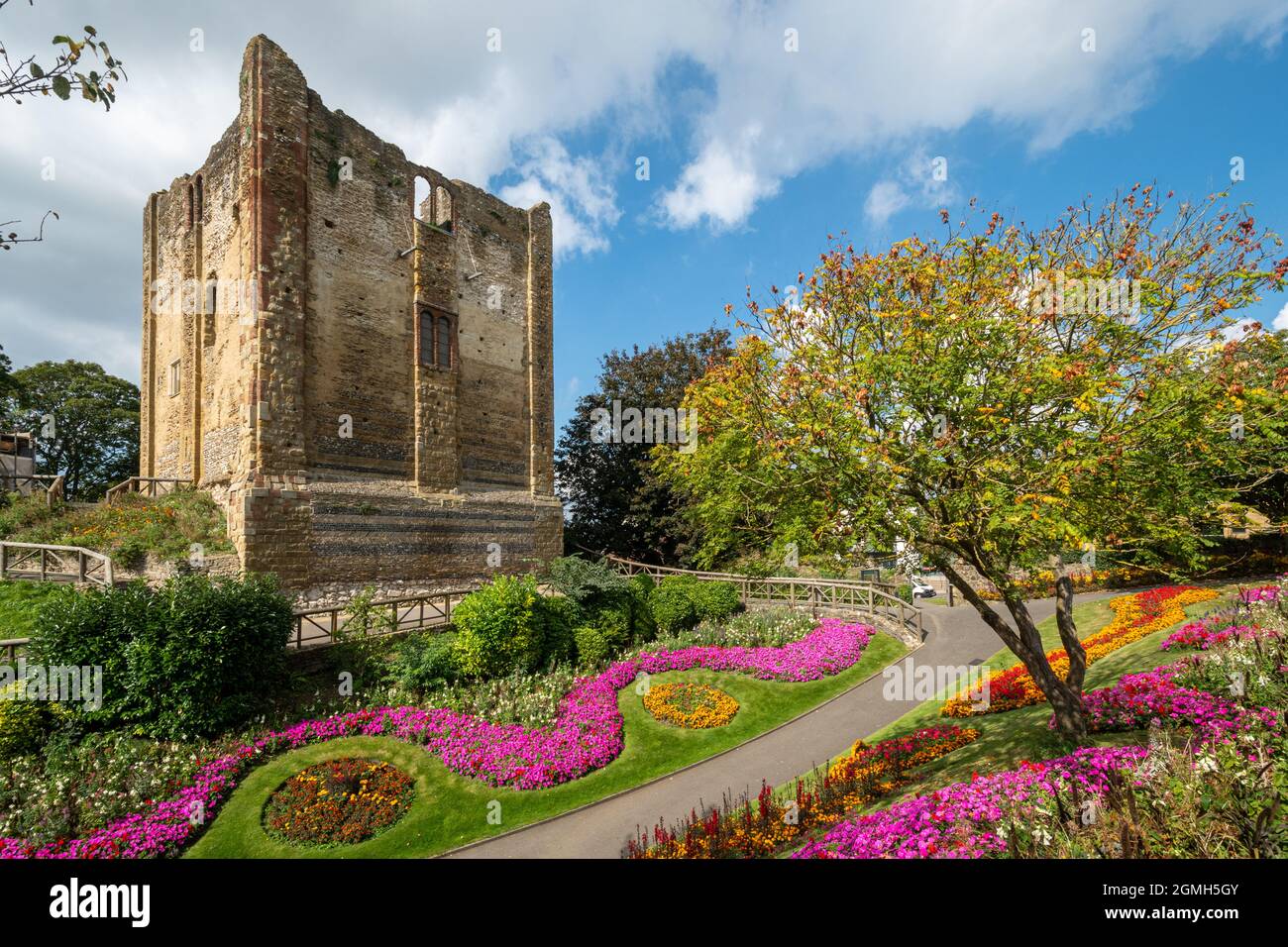 Guildford Castle grounds with colourful flower gardens during September, Surrey, England, UK Stock Photo