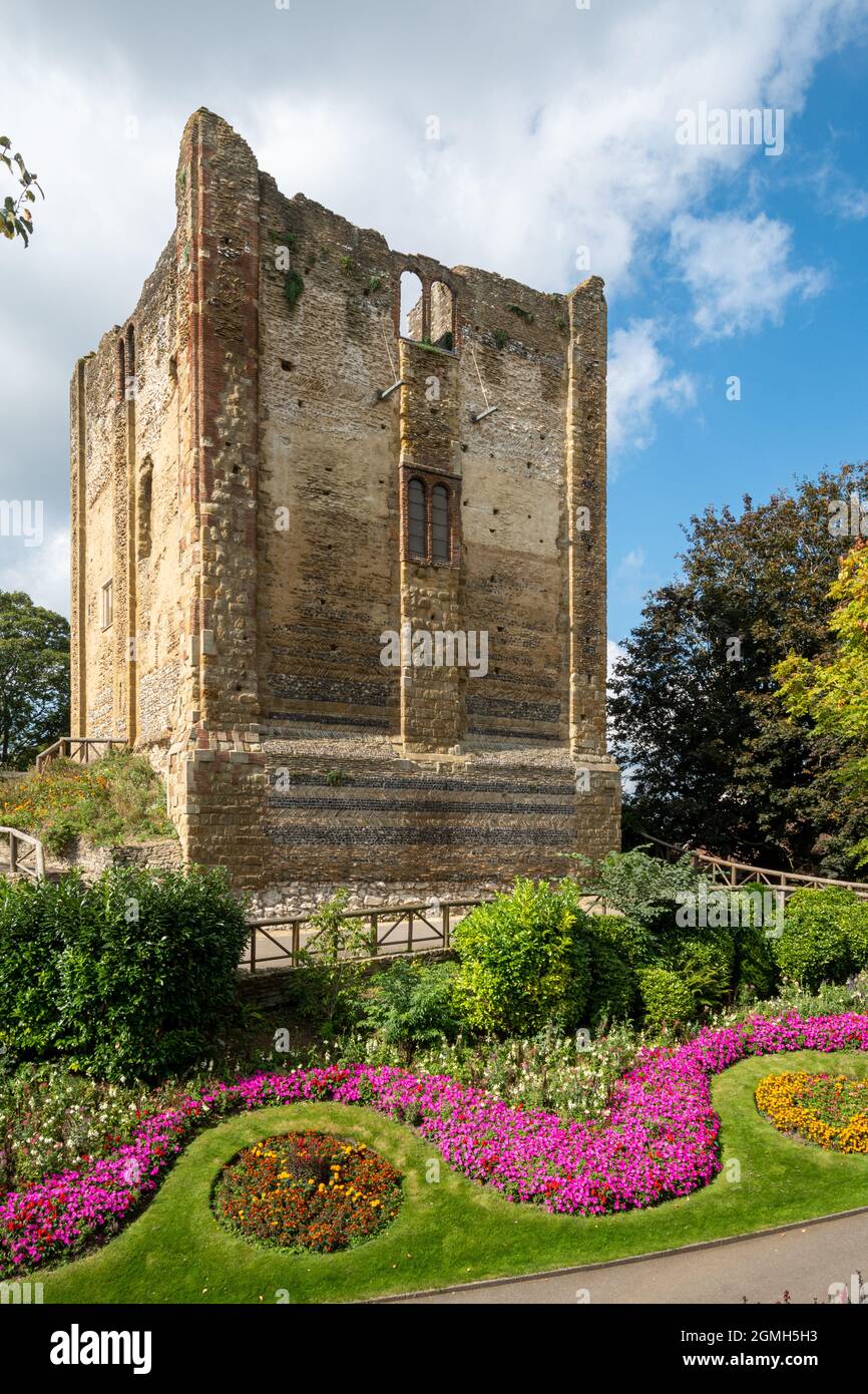 Guildford Castle grounds with colourful flower gardens during September, Surrey, England, UK Stock Photo