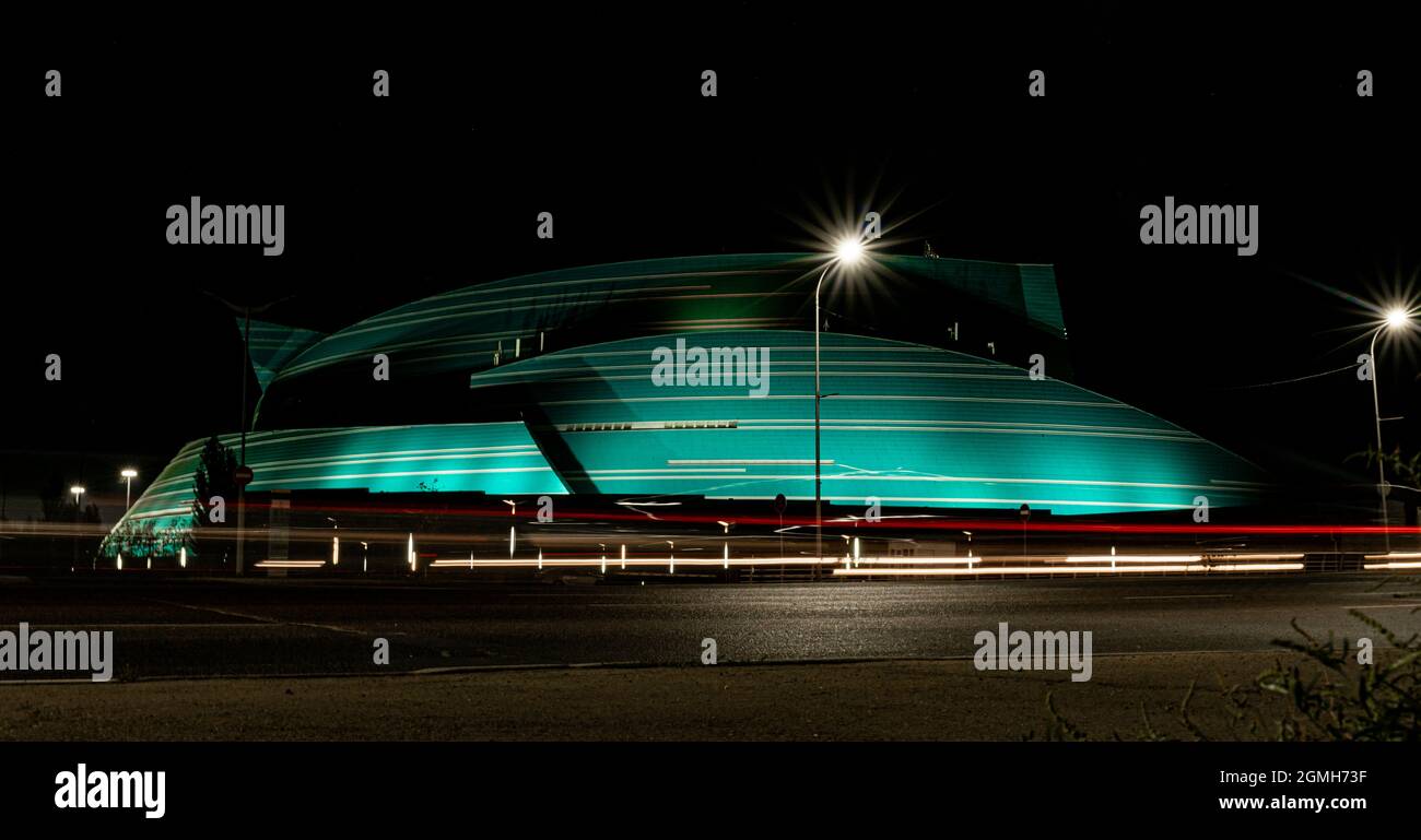 Kazakhstan Central Concert Hall, designed by Italian architect Manfredi Nicoletti, lit up at night, Astana, Nur-Sultan, Kazakhstan, Central Asia Stock Photo