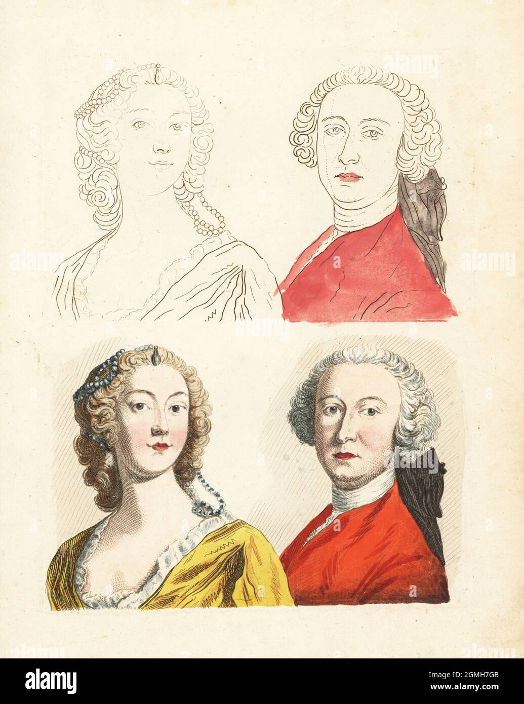 Figures from an 18th century colouring book. Professionally coloured examples and partially coloured versions. Handcoloured copperplate engraving from Robert Sayer’s The Artist’s Vade Mecum, Being the Whole Art of Drawing, London, 1766. Stock Photo