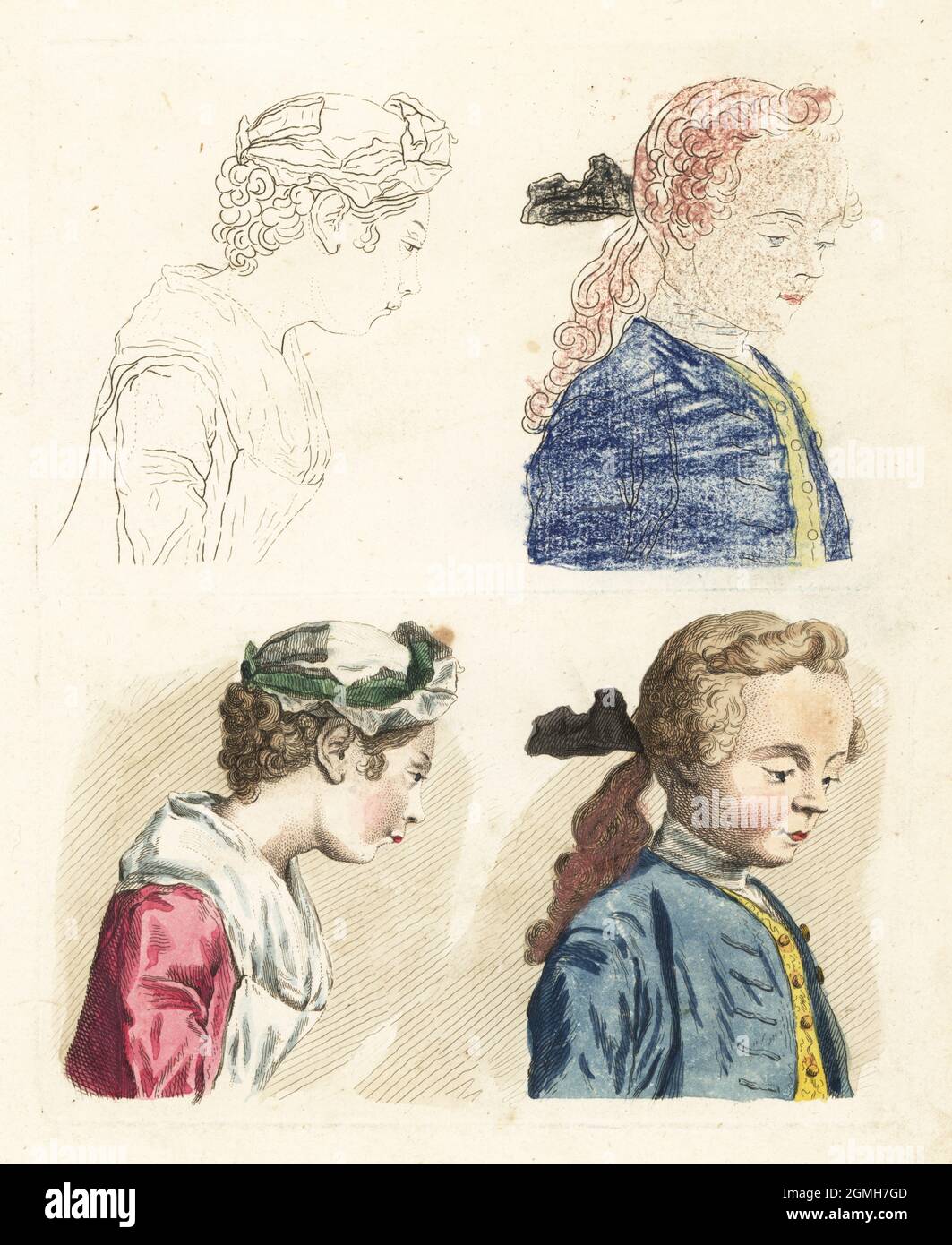 Figures from an 18th century colouring book. Professionally coloured examples and one amateurishly coloured in crayon. Handcoloured copperplate engraving from Robert Sayer’s The Artist’s Vade Mecum, Being the Whole Art of Drawing, London, 1766. Stock Photo
